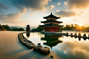il sole imposta al di sopra di un' pagoda nel il mezzo di un' lago. ai-generato foto