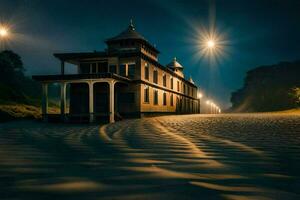 un' Casa si siede su il spiaggia a notte. ai-generato foto