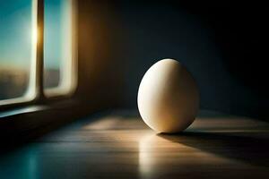 un uovo seduta su un' tavolo nel davanti di un' finestra. ai-generato foto