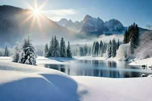 neve coperto montagne e un' lago nel il inverno. ai-generato foto