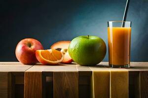 un' bicchiere di arancia succo e mele su un' di legno tavolo. ai-generato foto