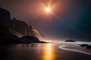 un' pieno Luna brilla al di sopra di un' spiaggia a notte. ai-generato foto