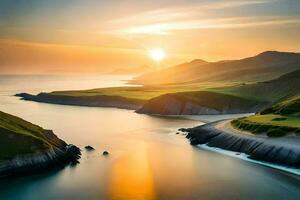 il sole imposta al di sopra di il oceano e colline. ai-generato foto