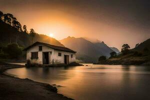 un' piccolo Casa si siede su il riva di un' fiume a tramonto. ai-generato foto