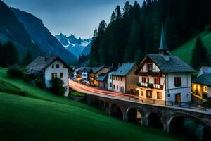 un' villaggio nel il montagne a crepuscolo. ai-generato foto