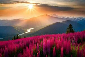 il sole sorge al di sopra di il montagne e il rosa fiori fioritura. ai-generato foto