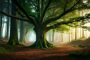 un' grande albero nel il mezzo di un' foresta. ai-generato foto