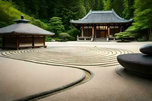 un' giapponese giardino con un' circolare sentiero. ai-generato foto