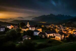 un' villaggio a crepuscolo nel il montagne. ai-generato foto