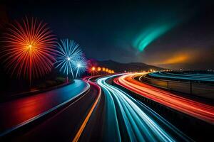 un' lungo esposizione foto di un' autostrada con colorato luci. ai-generato