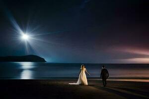 un' sposa e sposo a piedi su il spiaggia a notte. ai-generato foto