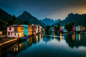 colorato case su il acqua nel davanti di montagne. ai-generato foto