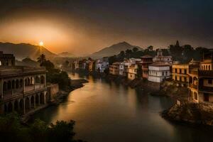 il sole sorge al di sopra di il città di udaipur, India. ai-generato foto