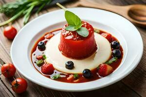 un' piatto di pomodoro e formaggio budino con un' cucchiaio. ai-generato foto