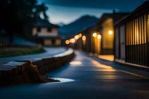 un' lungo, vuoto strada a notte con luci Su. ai-generato foto