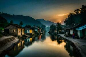 un' canale nel il mezzo di un' villaggio a tramonto. ai-generato foto