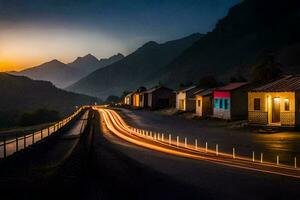 un' lungo esposizione fotografia di un' strada nel il montagne. ai-generato foto