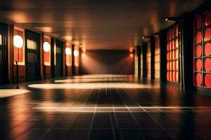 un' lungo corridoio con rosso luci e piastrelle pavimento. ai-generato foto