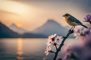 un' uccello si siede su un' ramo con fiori nel il sfondo. ai-generato foto
