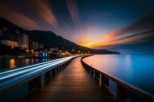 un' lungo esposizione foto di un' ponte al di sopra di il oceano. ai-generato