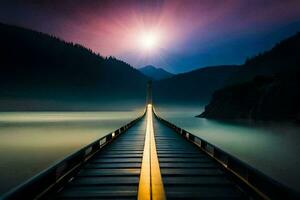 un' lungo ponte al di sopra di un' lago a tramonto. ai-generato foto