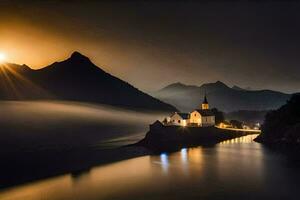 un' Chiesa si siede su il riva di un' lago a notte. ai-generato foto