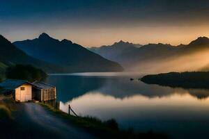 un' piccolo cabina si siede su il riva di un' lago a tramonto. ai-generato foto