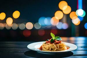 spaghetti su un' piatto con bokeh luci. ai-generato foto