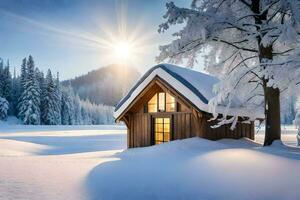 un' cabina nel il neve con il sole splendente. ai-generato foto