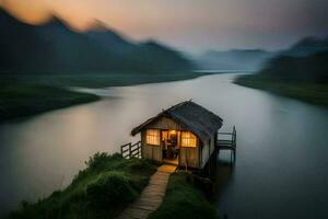 un' piccolo Casa si siede su il bordo di un' fiume. ai-generato foto