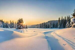 un' nevoso paesaggio con alberi e sole. ai-generato foto