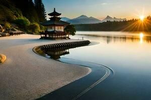 un' pagoda si siede su il riva di un' lago a tramonto. ai-generato foto