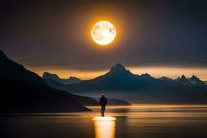 un' uomo in piedi su il riva di un' lago con un' pieno Luna. ai-generato foto