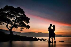 il coppia è staglia contro il tramonto e il acqua. ai-generato foto