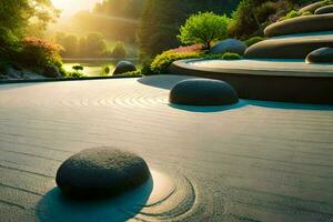 un' zen giardino con rocce e acqua. ai-generato foto