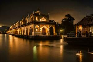 un' barca su il fiume a notte. ai-generato foto