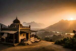 un' piccolo tempio nel il montagne a tramonto. ai-generato foto