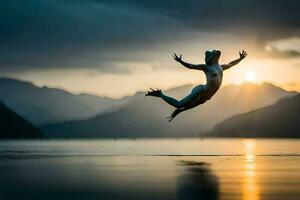 un' donna salti in il aria nel davanti di un' lago. ai-generato foto