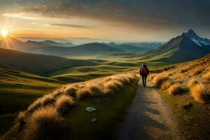 un' uomo passeggiate su un' sentiero nel il montagne. ai-generato foto