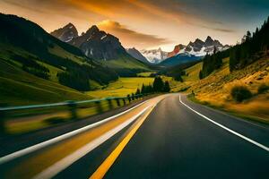 un' strada nel il montagne con montagne nel il sfondo. ai-generato foto