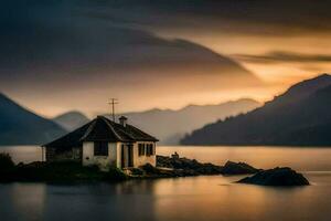 un' piccolo Casa si siede su un isola nel il mezzo di un' lago. ai-generato foto