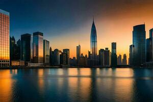 il città orizzonte a tramonto nel dubai. ai-generato foto