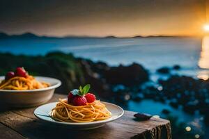 spaghetti con fragole e un' Visualizza di il mare. ai-generato foto