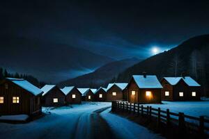 un' nevoso strada nel davanti di un' montagna villaggio a notte. ai-generato foto