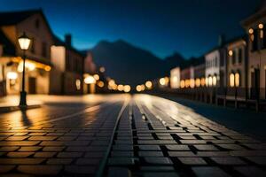 un' strada a notte con luci su il strada. ai-generato foto