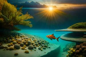 un' pesce nuoto nel il oceano con un' sole splendente. ai-generato foto