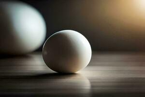 un uovo seduta su un' tavolo con un' leggero dietro a esso. ai-generato foto