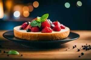 un' torta di formaggio con frutti di bosco su un' nero piatto. ai-generato foto