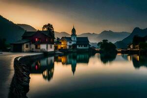 un' villaggio nel il montagne a tramonto. ai-generato foto