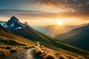 il sole sorge al di sopra di il montagne nel Questo foto. ai-generato foto